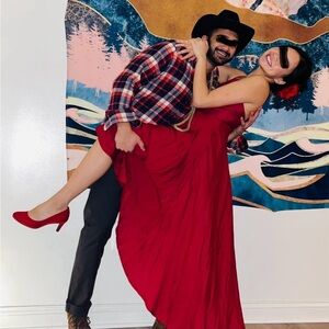 Women’s red dress hi lo skirt with corset/spaghetti straps